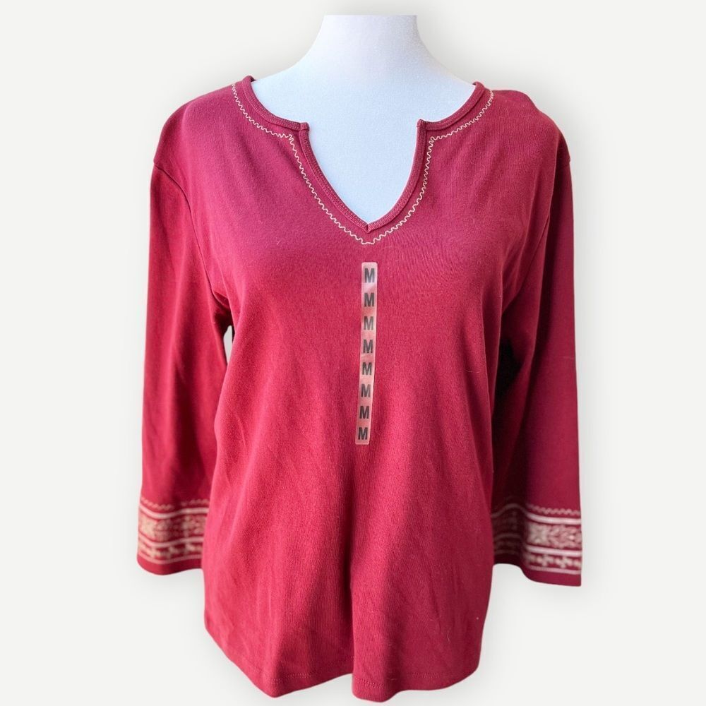 Sonoma Long Sleeve Embroidered Red Cotton Long Sleeve Shirt. Top. Medium. NEW.
